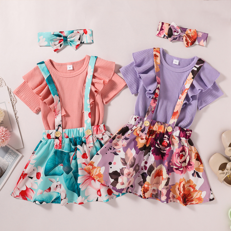 Conyson Wholesale Hot Fashion Summer Kids Girls Clothes Sets Ruffles Fly Sleeve Solid T Shirts+Floral Suspender Skirt Headband