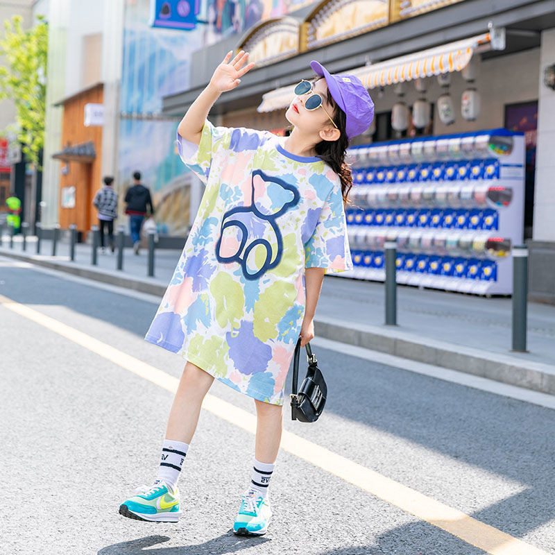 Conyson Wholesale New Design Kids Clothes Summer Outfit Floral Short Sleeve Print T-shirt Cartoon Casual Dress for Little Girls