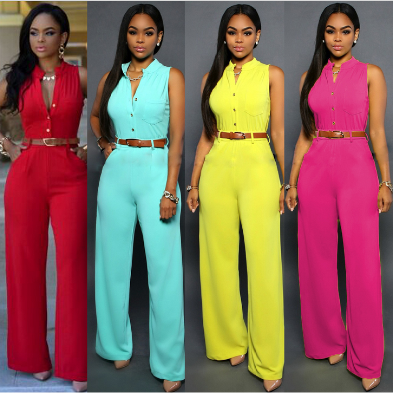 Summer Siamese Trousers Button Belt Sleeveless Pockets V neck Colourful Romper Suits Outfit 2022 Plus Size Women Casual Jumpsuit