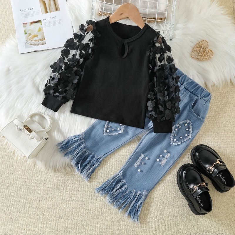 Conyson hot sale fall kids designers fashion boutique baby girls floral clothing suits denim pearl pants wholesale clothes sets