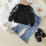 Conyson hot sale fall kids designers fashion boutique baby girls floral clothing suits denim pearl pants wholesale clothes sets