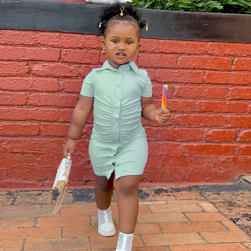 Conyson Hot Sale Summer Kids Clothes Sexy Tight Button Solid T-shirt Little Girls Custom Casual Short Sleeve Dress New For Kids