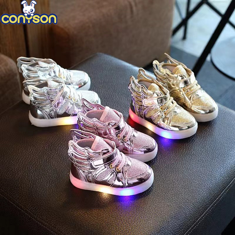 Conyson Hot Sale Casual Style Mid-top Size 21-30 Kids Boys Girls Led Sequin Wing Sport Sneakers Elsa Running Sports Shoes