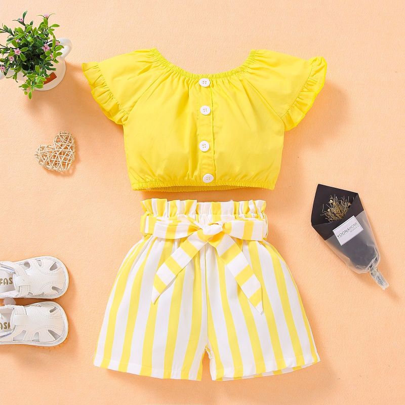 Conyson Wholesale New Arrivals Summer Kids Cute T-shirt And Striped Shorts 2Pcs Pants Little Girls' Clothing Sets