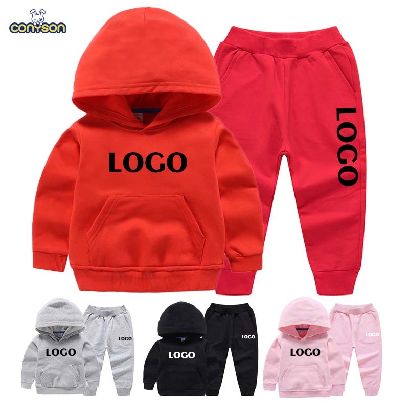 Conyson Wholesale Custom Logo Baby Boys Hoodie Customize Fashion Cotton Hoodie Pants 2pcs Kids Girls Clothing Sets