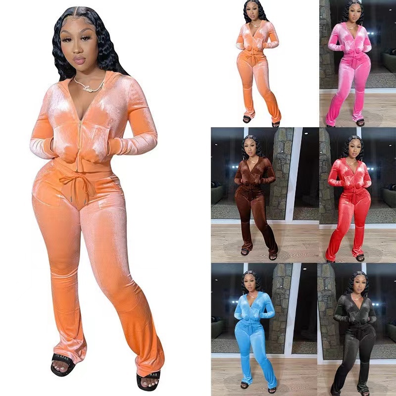 Hot Sale Fall Women's hoodie Set Zipper Pocket Crop Top Jacket Velvet Jogging suit Velour tracksuits Women Two Piece set