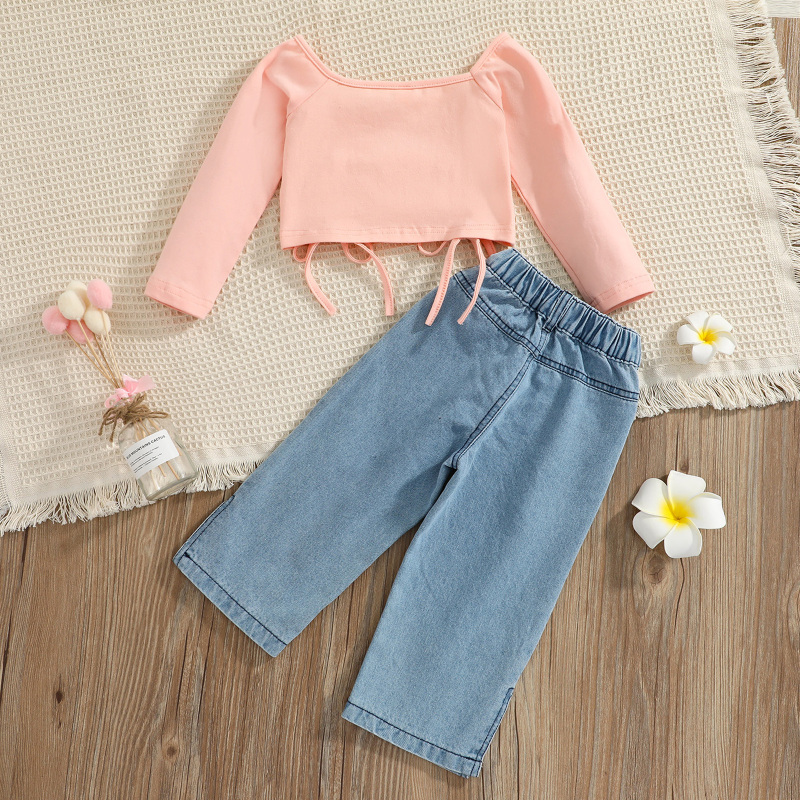 Conyosn Hot New Spring Summer Kids Girls Clothes Sets Solid Off Shoulder Long Sleeve T-Shirts Tops Denim Pants Two-pieces Sets