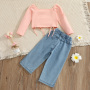 Conyosn Hot New Spring Summer Kids Girls Clothes Sets Solid Off Shoulder Long Sleeve T-Shirts Tops Denim Pants Two-pieces Sets