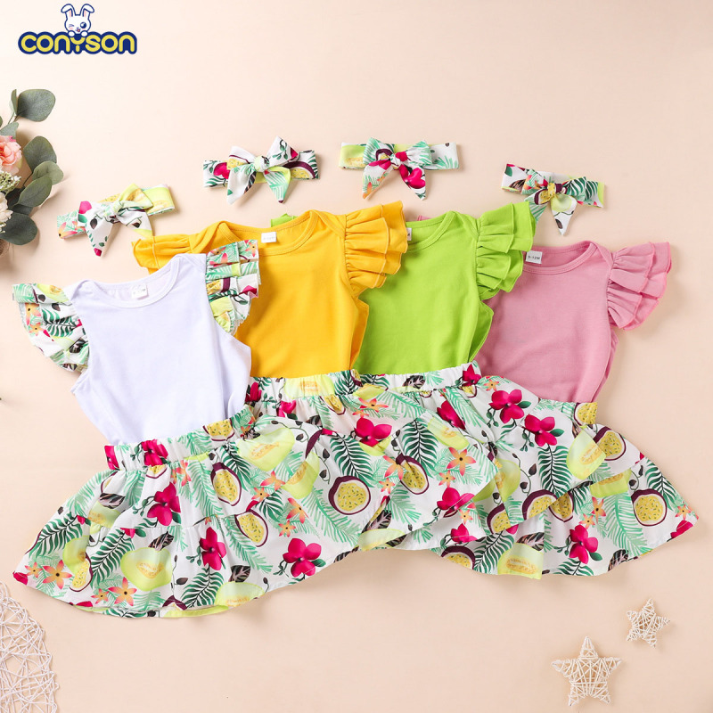 Conyson New Design Summer Pleated Short Sleeves Solid Top+Fresh Fruits Print Dress + Headband Casual 3Pcs Baby Girl Clothes Sets