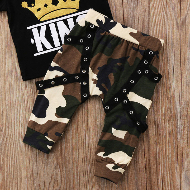 Conyson Baby Boys Camouflage Long Pants+Black T-shirt Suit Sets Kids Boy Crown King Print Short Sleeve Tops Two-Piece Outfits