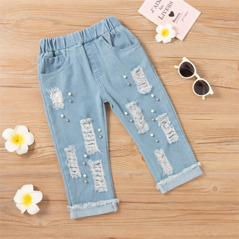 Conyson Wholesale spring autumn boutique children girls clothes hole pearl jeans sets toddler baby girls clothing sets