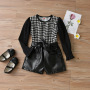 Conyson Winter Hot Sale Children Clothes Knit Long Sleeve Houndstooth Top Leather Shorts Belt Two Piece Elegant Girls Outfits