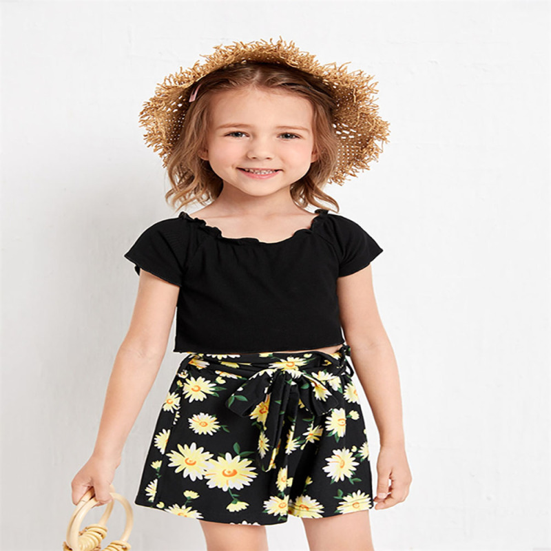 Conyson Hot Sale European and American Kids Clothes Outfit Suit Black Stripe Tops+Flower Belt Bow Shorts Kid Girls Clothing Sets