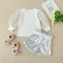 Conyson Wholesale Kids Clothes Summer Short Lace Heart Mesh Puff Sleeve Solid T Shirts+High Waist Shorts With Belt Clothing Set