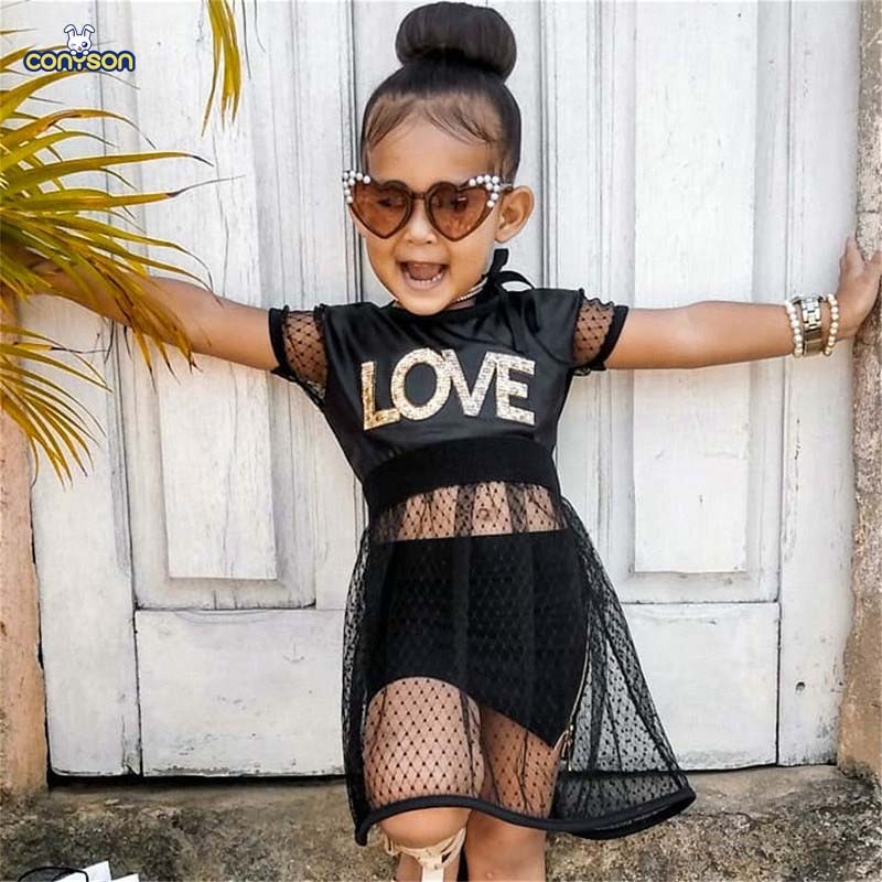 Conyson Wholesale Summer Casual Girl 2pcs Outfits Short Sleeves Mesh Black Letter Print Girls Star Sequins Tutu Dresses