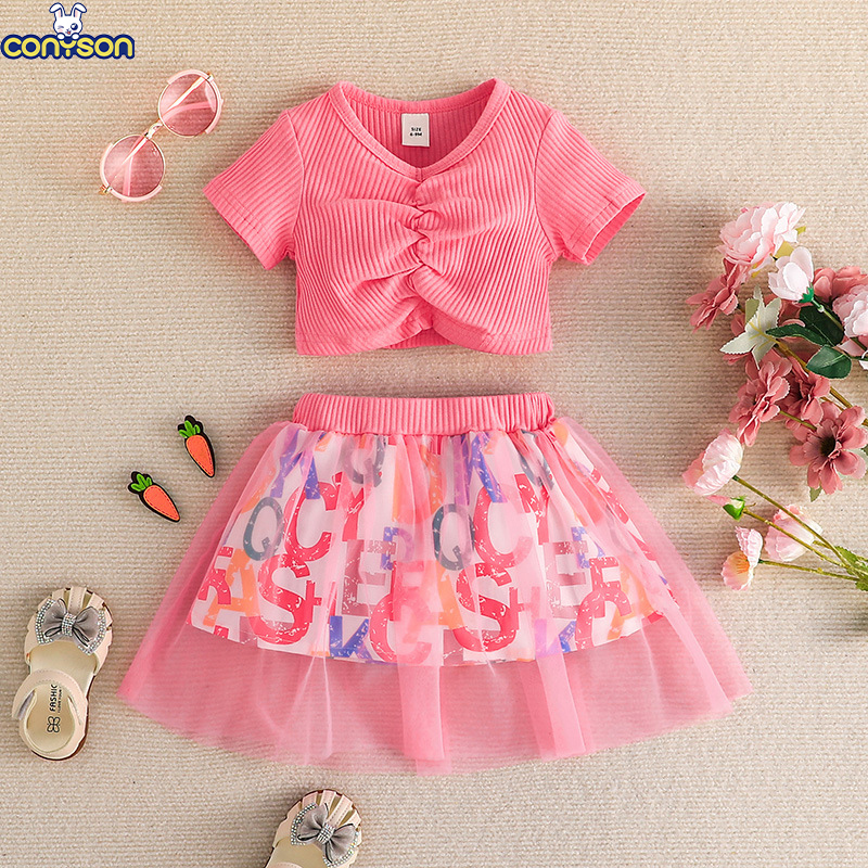 Conyson Summer Princess Wholesale Summer New Design Fancy Top Skirt Two Piece Sweat Puff Birthday 0-3y Kids Girls Party Dresses