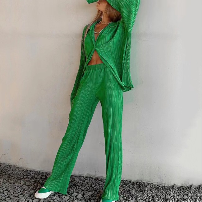 Conyson Good Quality Spring Autumn Woven Polyester Solid Fashion Shirring Design Long Sleeve Cozy 2 Set Women Clothing