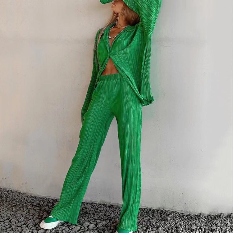 Conyson Good Quality Spring Autumn Woven Polyester Solid Fashion Shirring Design Long Sleeve Cozy 2 Set Women Clothing