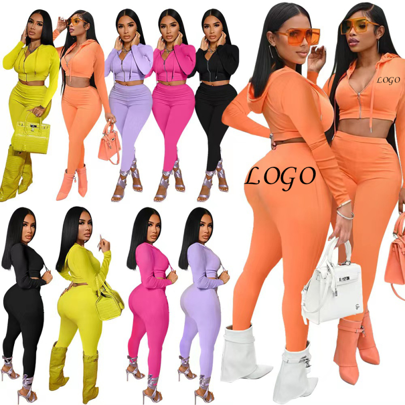 Conyson Summer Custom Logo 2 Piece Zip Hooded Fashion Women Casual Sports Solid Long Sleeve Loungewear Women Clothing Suits