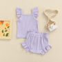 Conyson Hot Newborn Infant Baby Girl Two-Piece Solid Outfits, Solid Color Flying Sleeve Romper + Elastic Drawstring Short Pants