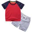 Red dark blue + gray color matching short T suit