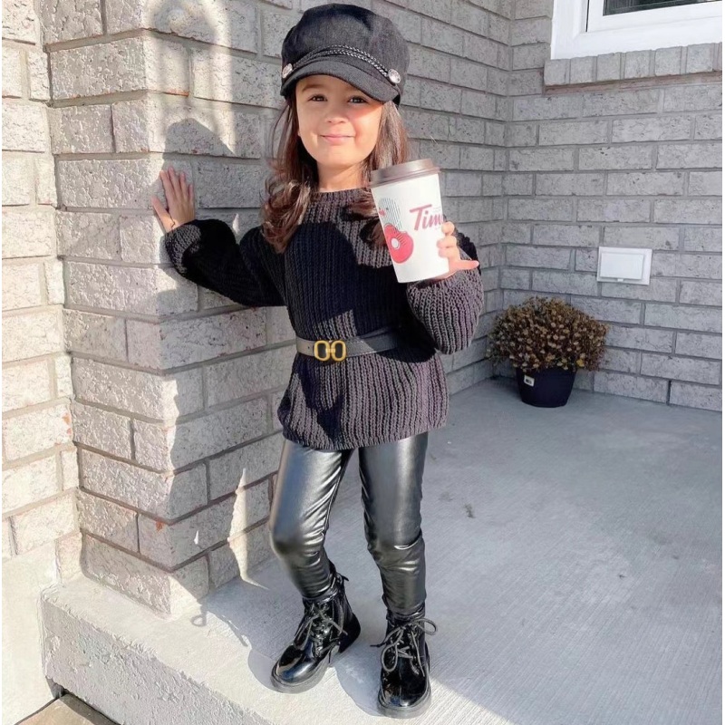 Conyson Hot Sale rts fashion sweater fall kids girls designers kid clothes belt PU leather pant winter clothing wholesale Set