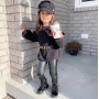 Conyson Hot Sale rts fashion sweater fall kids girls designers kid clothes belt PU leather pant winter clothing wholesale Set