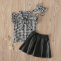 Baby Girls Plaid Headbands Summer Girls Clothes Set Kids Sleeve Shirt Skirt Outfit Girls Plaid Clothes Set