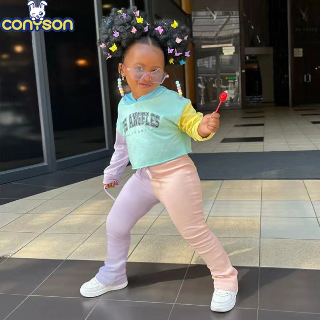 Conyson New Style Stock Lots Casual Style Mix Color Long Sleeve Letter Hoodie Boutique Girls Children Kids Two Piece Sets