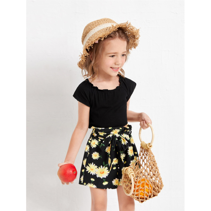 Conyson Hot Sale European and American Kids Clothes Outfit Suit Black Stripe Tops+Flower Belt Bow Shorts Kid Girls Clothing Sets