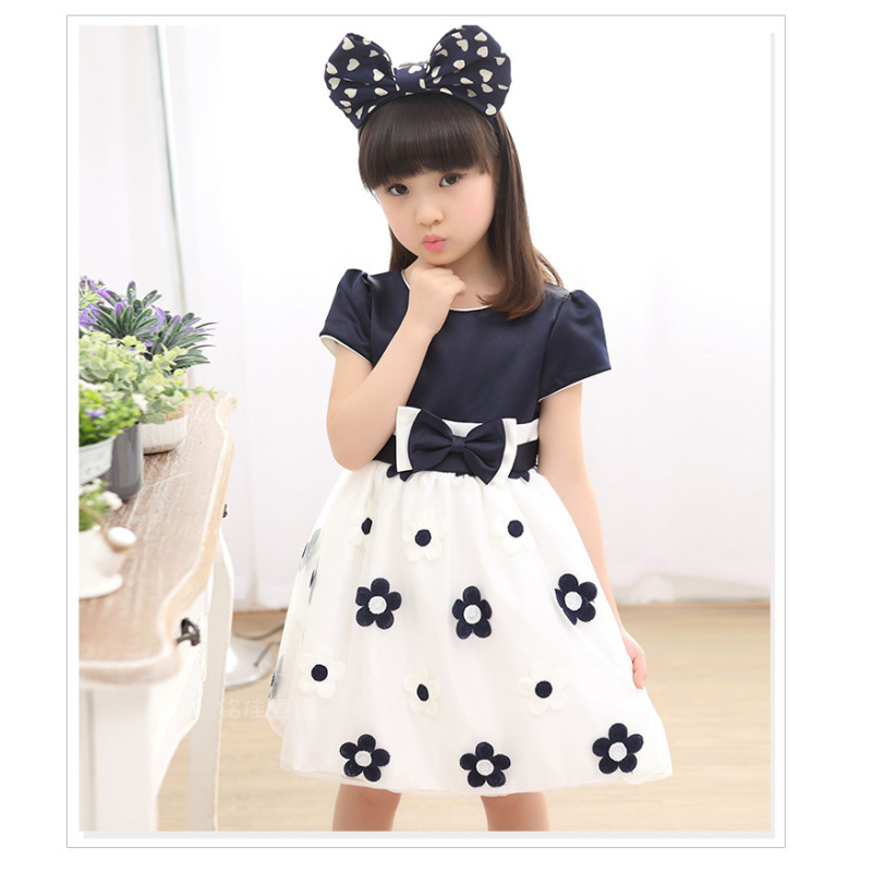 Conyson hot sale summer leisure polyester Girls Dress print casual bowknot pure color Girl sunflower Dress Korean Girl Dresses