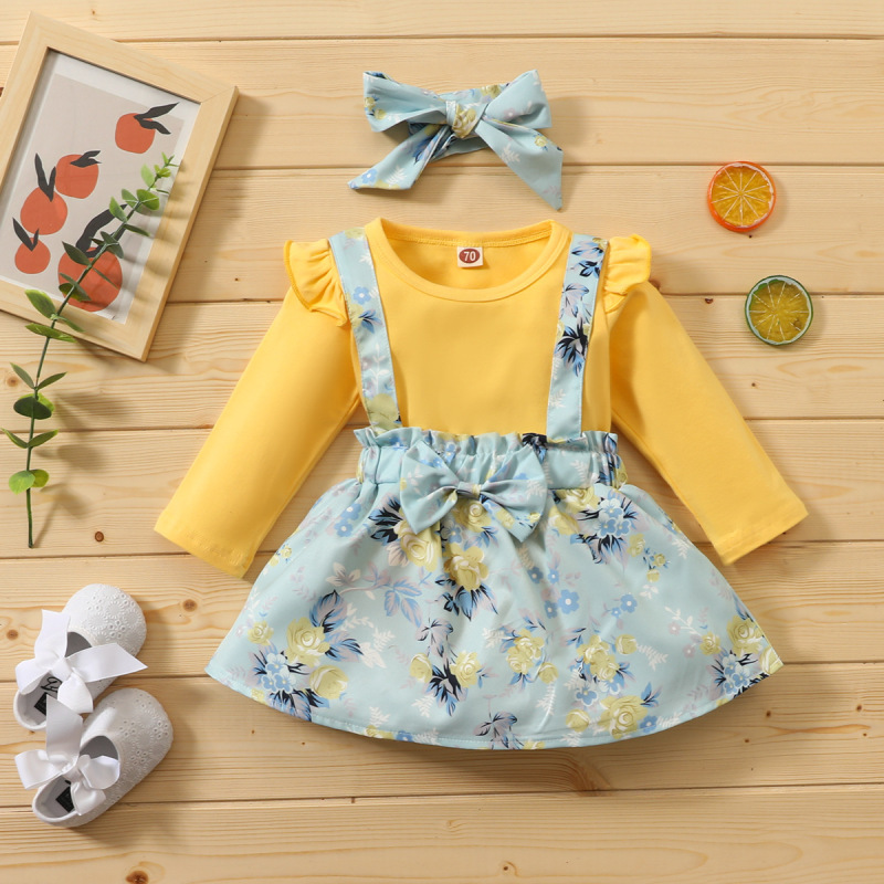 Conyson Hot Sale Kids Summer Clothing Sets Floral Pattern Baby Girl Jumpsuit Bow Strap Skirt with Headband 2Pcs Clothing Sets