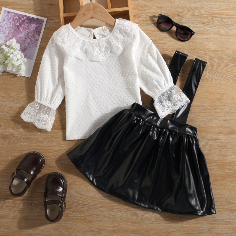 Children's Clothes Suit Girls Lace Bottoming Shirt +Leather PU Strap Skirt 2 Pcs Spring Autumn Baby Fashion Long-Sleeved Outfits