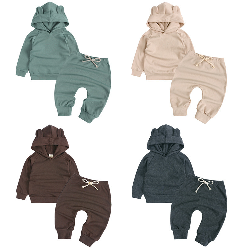 Toddler Outfits Solid Knitted Boy Long Sleeve Hooded  Infant Bodysuits Tops+Elastic Waist Pants Casual Baby Clothes Sets
