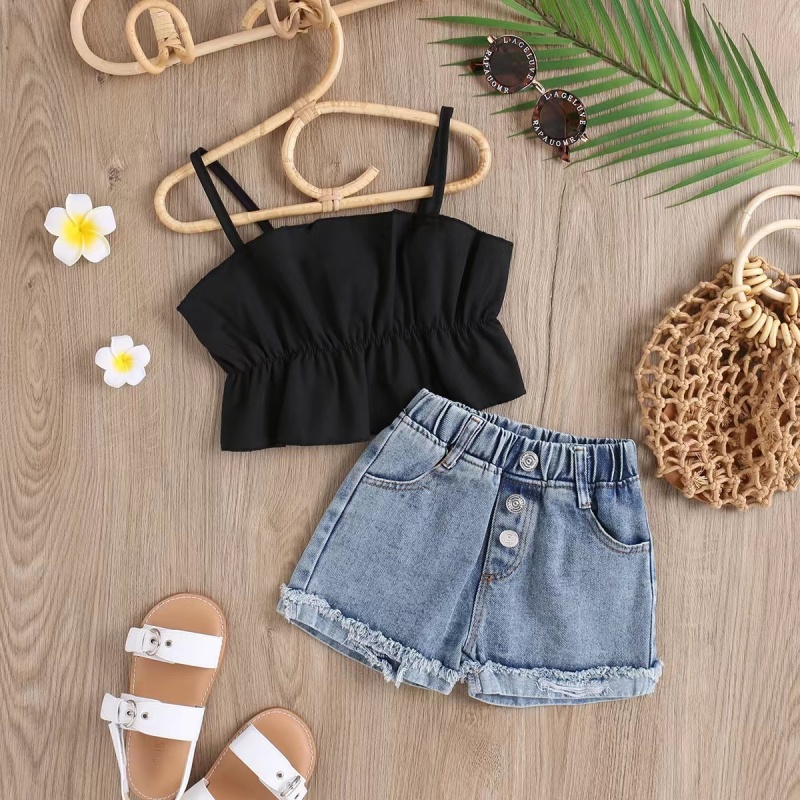 Conyson New Summer Girl's Jacquard Short Sleeve Shirts + Jean Shorts 2Pcs Princess Baby Girl Clothes Sets