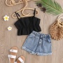 Conyson New Summer Girl's Jacquard Short Sleeve Shirts + Jean Shorts 2Pcs Princess Baby Girl Clothes Sets