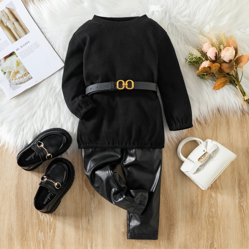 Conyson Hot Sale rts fashion sweater fall kids girls designers kid clothes belt PU leather pant winter clothing wholesale Set