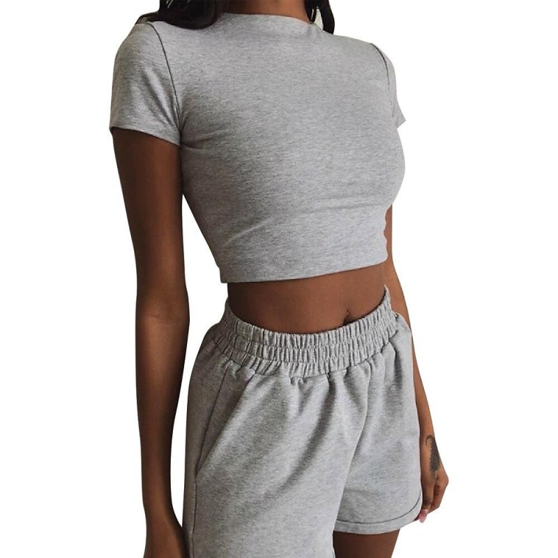 Factory price rts fashion summer Custom logo women designer suit clothes 2 pieces adult high-waisted t-shirt shorts clothing Set