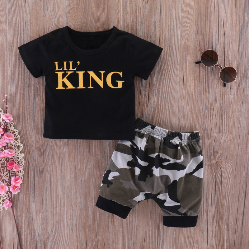 Wholesale Letter Print Short Sleeve Cotton Knitted Kids Toddler Boys Summer 2 Piece Clothes Set
