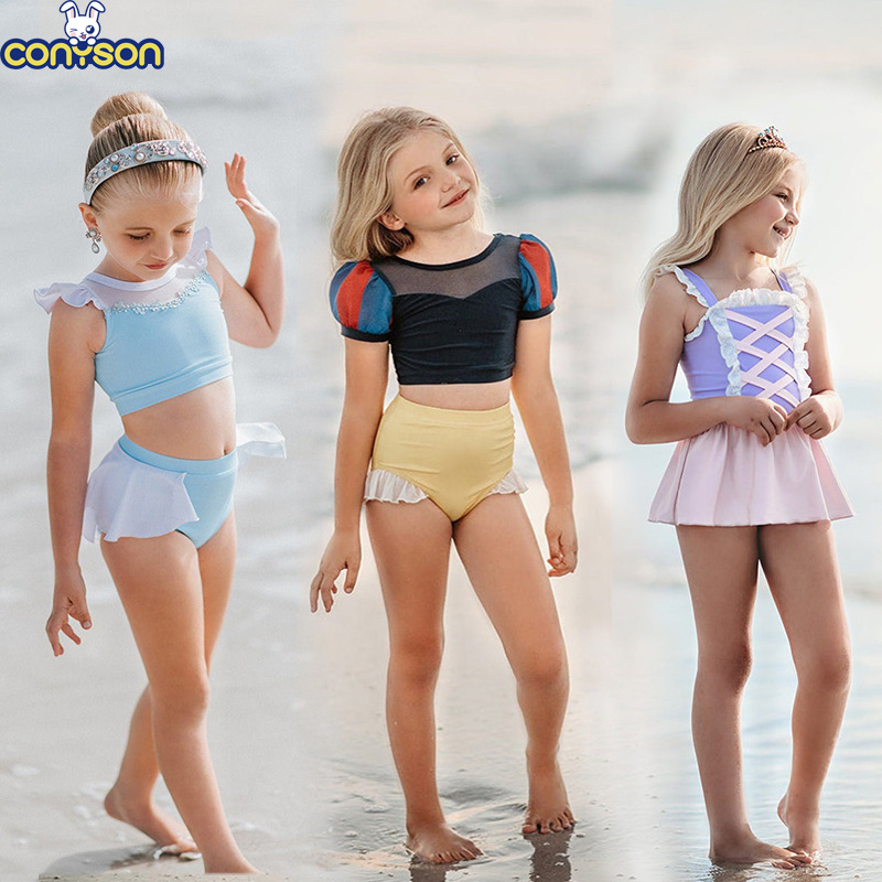 Conyson Wholesale Summer Kids Beach Clothes Fitness Sexy Ruffles Triangle Custom Kids Piece Bikini Skirt Swimwear for Kids Girls