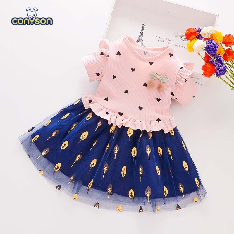 Wholesale High Quality Conyson Summer Cute Knit Patchwork Mesh Skirt Heart Design Little Girls Princess Fluffy Dress