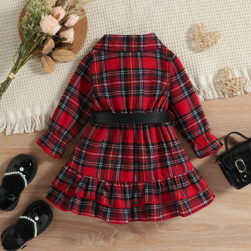 Christmas Princess Dress Brushed England Style Plaid Waist Belt Children Skirt Turn-down Collar Double Ruffle Lovely Party Cloth