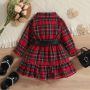 Christmas Princess Dress Brushed England Style Plaid Waist Belt Children Skirt Turn-down Collar Double Ruffle Lovely Party Cloth
