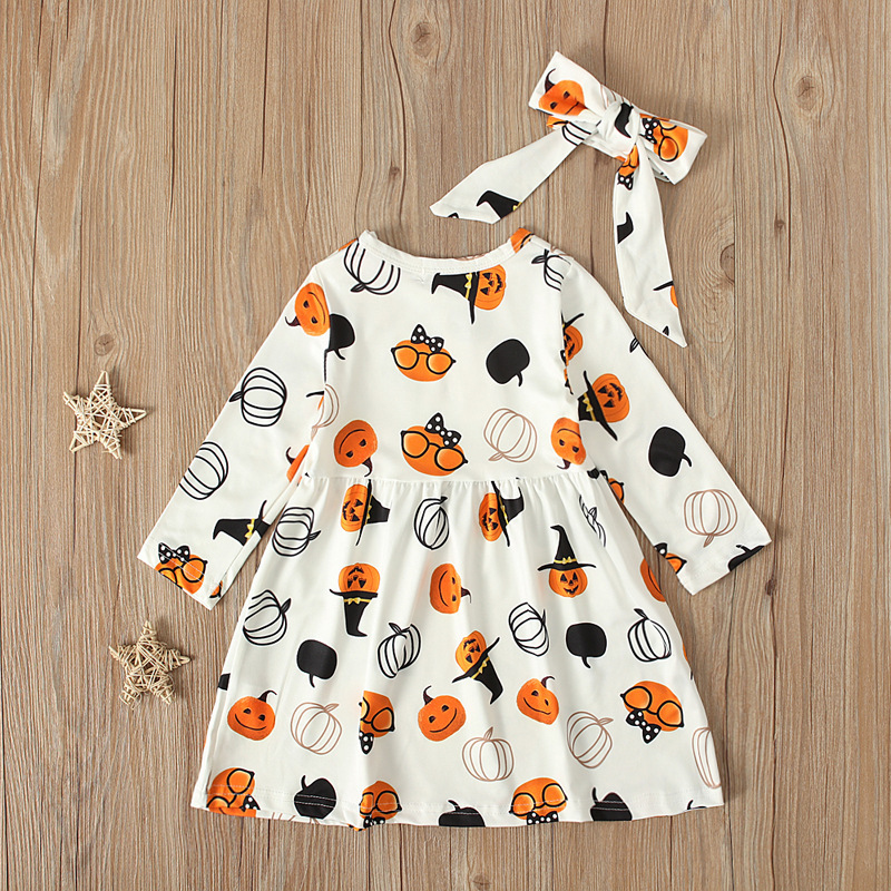 Wholesale Halloween Pumpkin Pattern Long Sleeve Skirt Head Band Two Pieces Outfits Casual Pajama Party Festival Dress