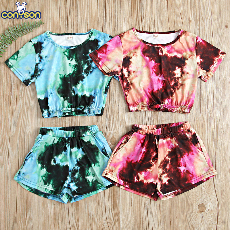 Conyson Hot Sale Kids Clothing Baby Girls and Boys Tie Dyed Short Sleeve T-shirt + Shorts 2Pcs Summer Unisex Kids Clothing Set