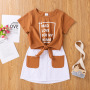Conyson Wholesale Summer New Letter Print Tie Belt Round Neck Shirt and Pocket Skirt Kids Clothes Baby Girls 2Pcs Clothing Set