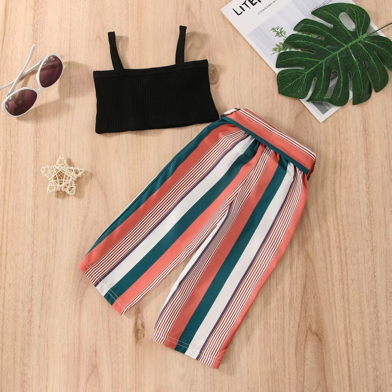 Conyson Wholesale High Quality Black Knitting Top Stripe Long Pants Two Pieces Littler Girls Boutique Outdoor Wear Casual Suits