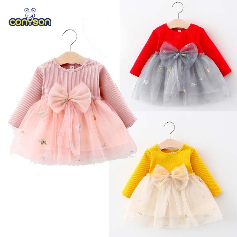 Vestido infantil de malha de manga comprida personalizado para atacado, estilo princesa, com tule, curto, para dança, em cores sólidas, para bebês e meninas.