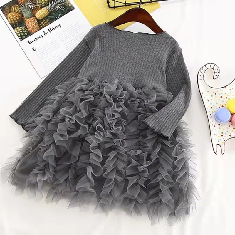 Conyson Wholesale High Quality Spring Mesh Baby Clothing Sets Knit O-Neck New Designers Long Sleeve Girls Princess Dress