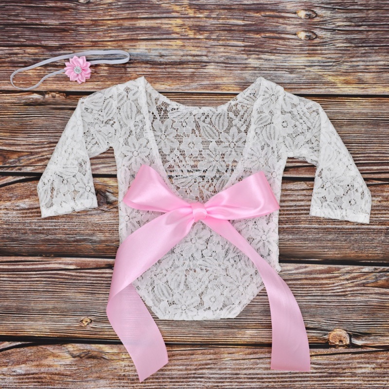 2pcs/Set Newborn Lace Romper Baby Girl Outfit Photography Prop Vintage Newborn Ribbon Bow baby rompers